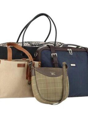 BURBERRY Nova Check Blue Black Label Hand Bag Canvas 4 Set Beige Auth fm5065